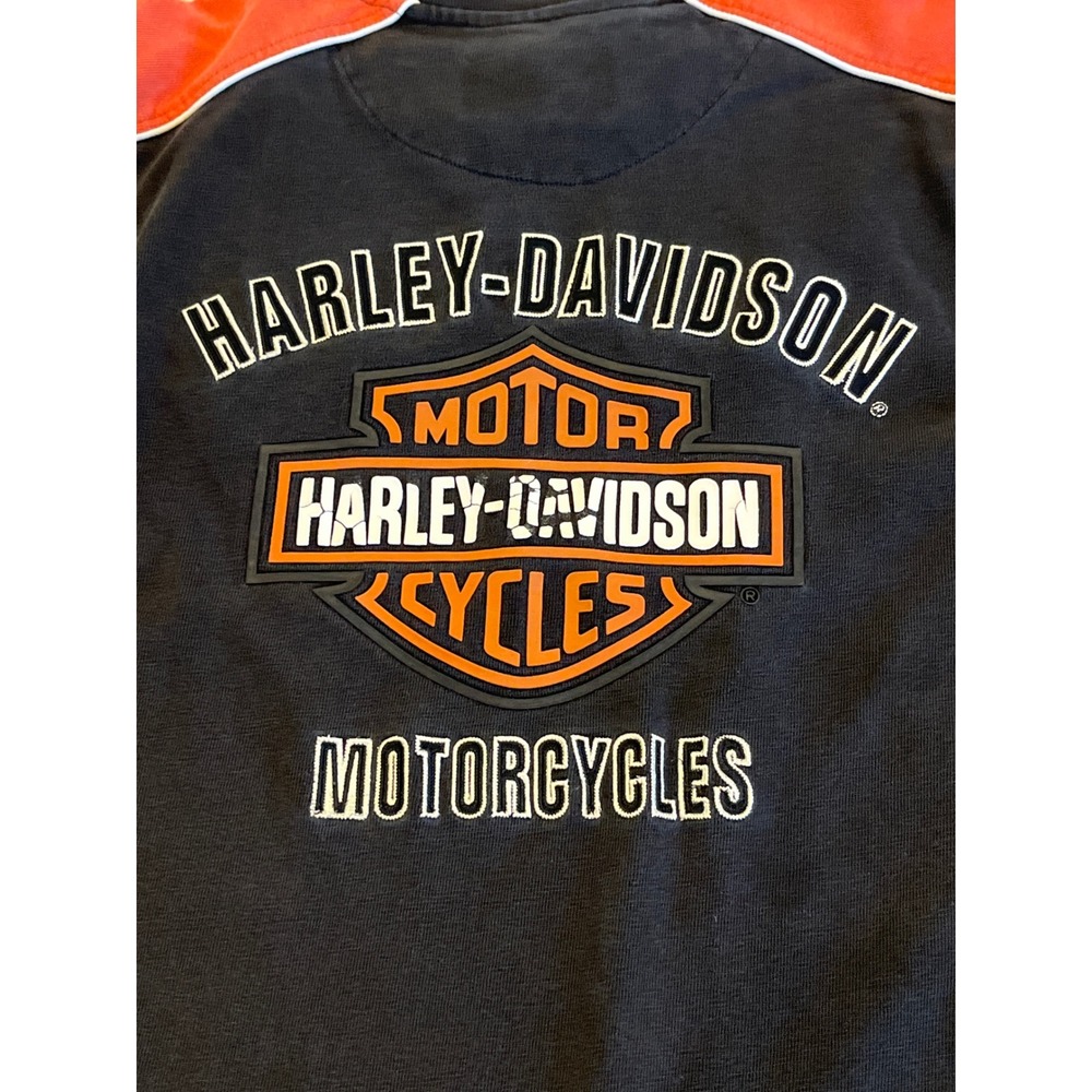 Harley Davidson‎ Mens Long Sleeve Shirt Black Orange Colorblock V-Neck Graphic L